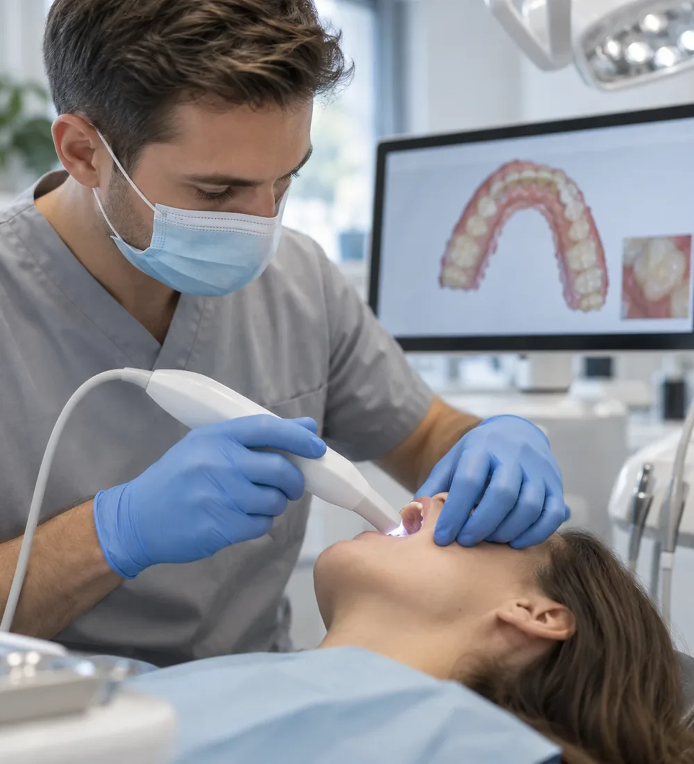 Dentist capturing a digital impression with an intraoral scanner, the 3D scan appearing on the chairside monitor